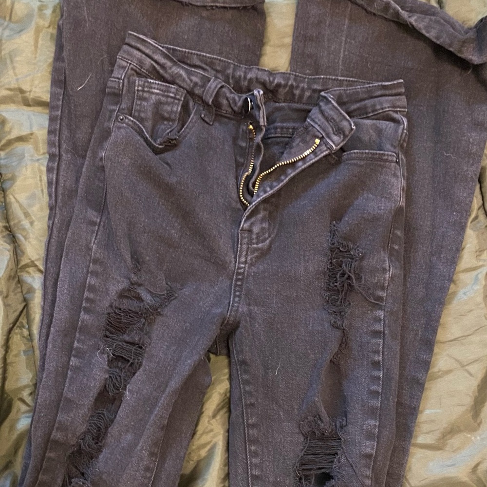 Shein Black Distressed Flare Jeans